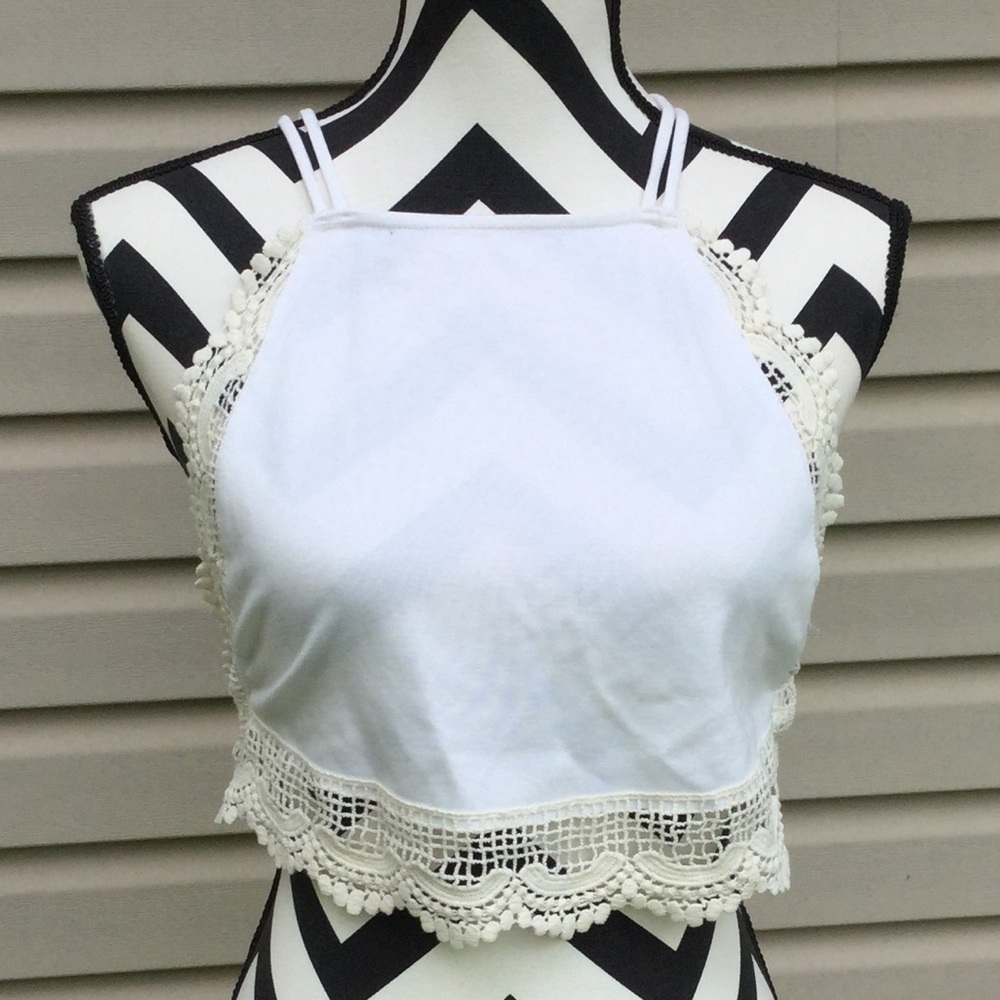 New Gimmicks White Lace Trimmed Backless Crop Top